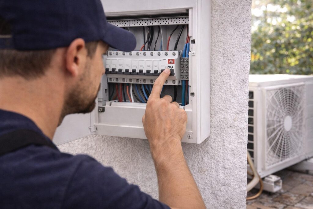 Técnico revisando las térmicas de un tablero eléctrico, con la unidad exterior de un aire acondicionado al lado
